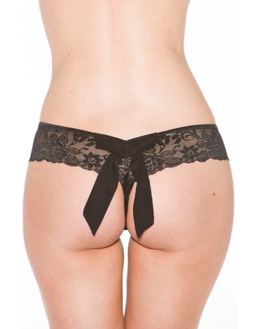 Tanga string noir en dentelle avec noeud arrière 