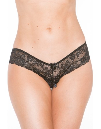 Tanga string noir en dentelle avec noeud arrière 