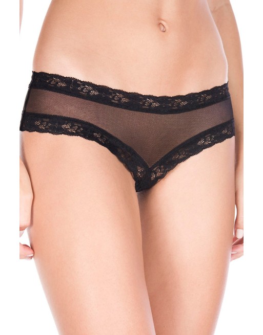 Tanga string ouvert noir maille transparente et dentelle 