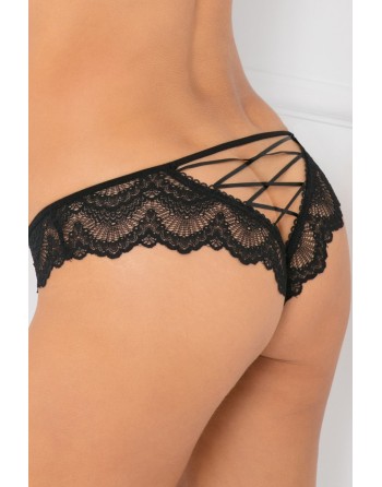 Tanga noir dentelle ajouré sur les fesses ornements croisés 