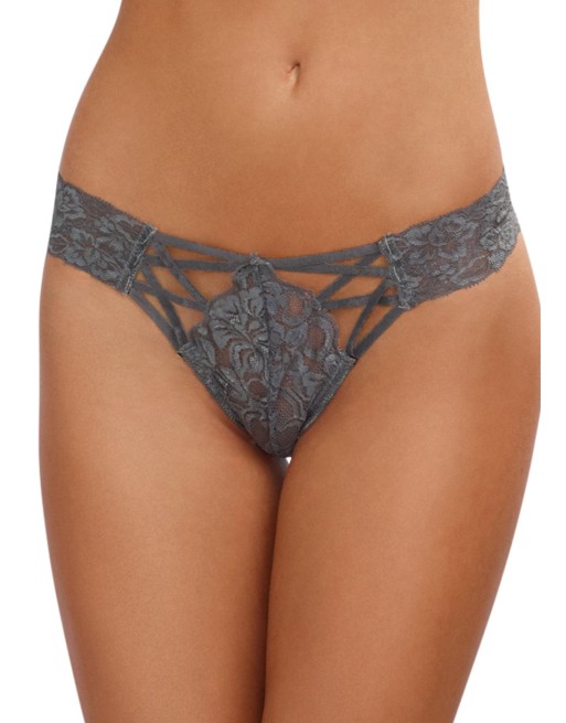 Tanga gris dentelle sexy ajouré sur l'avant 