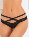Tanga ouvert noir en dentelle avec ornements croisés avant arrière 