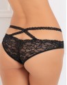Tanga ouvert noir en dentelle avec ornements croisés avant arrière 