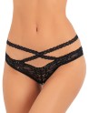 Tanga ouvert noir en dentelle avec ornements croisés avant arrière 
