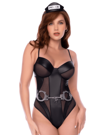Body policier en résille transparente et wetlook avec détails métalliques - Mapalé