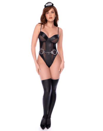 Body policier en résille transparente et wetlook avec détails métalliques - Mapalé