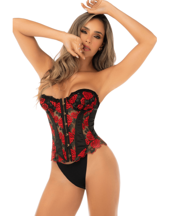 Corset bustier sans bretelles brodé noir et rouge avec laçage dos - Mapalé