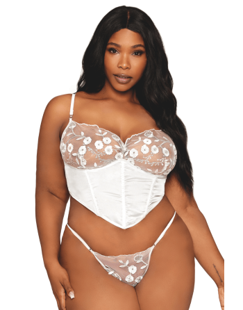 Bustier blanc avec armatures grande taille, en satin et dentelle florale 