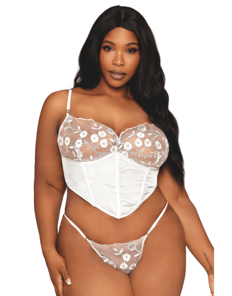Bustier blanc avec armatures grande taille, en satin et dentelle florale 
