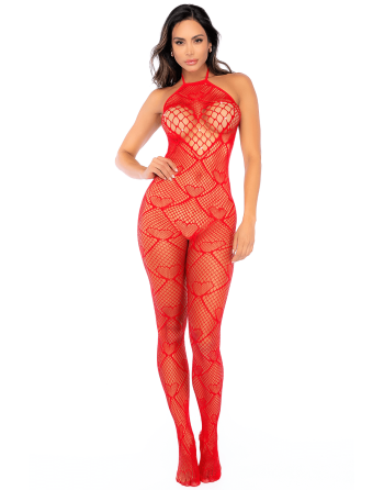 Bodystocking en résille rouge à motif cœur, orné de strass, ouvert à l’entrejambe - Mapalé