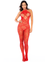 Bodystocking en résille rouge à motif cœur, orné de strass, ouvert à l’entrejambe - Mapalé