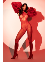 Bodystocking en résille rouge à motif cœur, orné de strass, ouvert à l’entrejambe - Mapalé