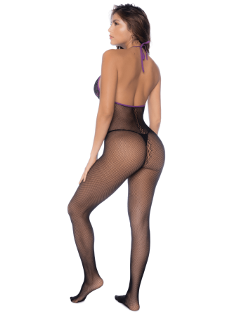 Combinaison en résille et dentelle noire et violette 