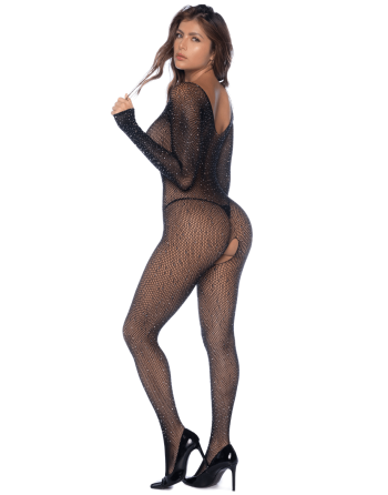 Combinaison noire en résille ornée de strass 