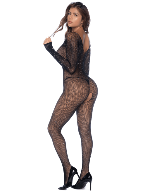 Combinaison noire en résille ornée de strass 