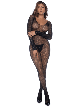 Combinaison noire en résille ornée de strass 