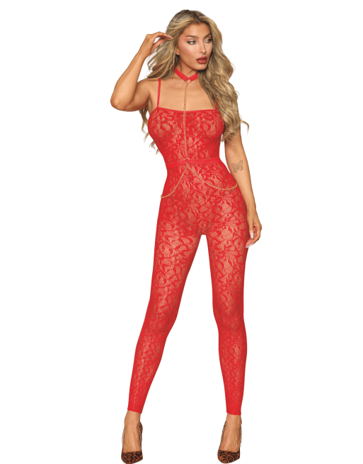 Bodystocking sans couture, fantaisie rouge avec chainettes amovibles 