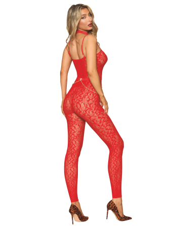 Bodystocking sans couture, fantaisie rouge avec chainettes amovibles 