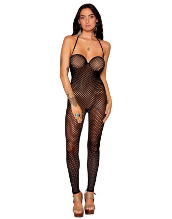 Bodystocking en résille noire, sans couture, avec large décolleté à armature  