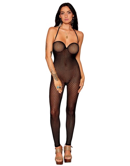 Bodystocking en résille noire, sans couture, avec large décolleté à armature  
