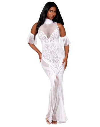 Robe bodystocking en résille et dentelle blanche 