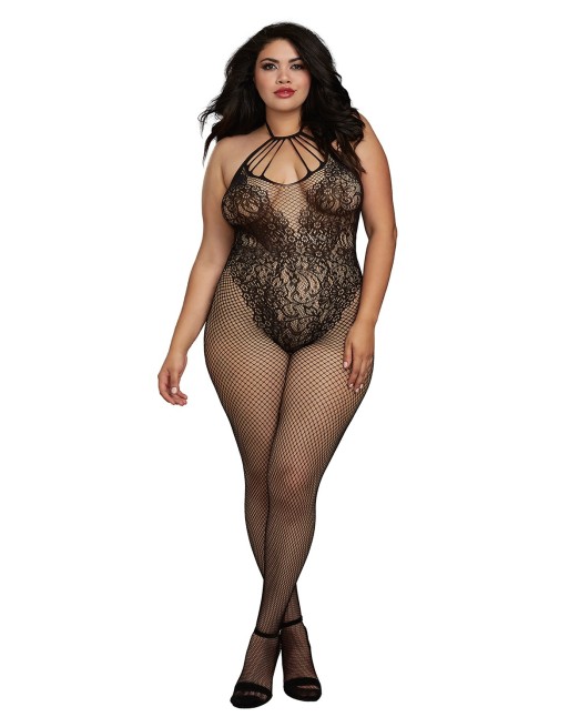 Bodystocking Grande taille résille dans un style Body avec magnifique décolleté à lanières 