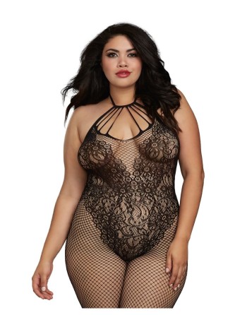 Bodystocking Grande taille résille dans un style Body avec magnifique décolleté à lanières 
