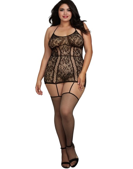 Combinaison grande taille en dentelle et lanières entrecroisées devant et derrière 
