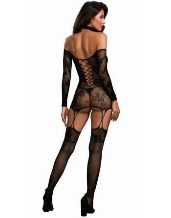 Bodystocking résille guêpière réversible avec tour de cou 