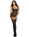 Bodystocking noir dentelle effet guêpières large décolleté et bas sexy 