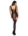 Bodystocking noir dentelle effet guêpières large décolleté et bas sexy 