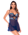 Nuisette transparente bleu poppy avec bonnets brodés, laçage et string - Mapalé