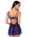 Nuisette transparente bleu poppy avec bonnets brodés, laçage et string - Mapalé