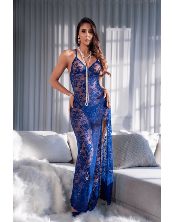 Robe longue transparente bleu royal en dentelle avec dos croisé et fente haute - Mapalé