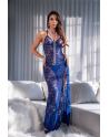 Robe longue transparente bleu royal en dentelle avec dos croisé et fente haute - Mapalé
