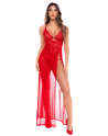 Robe longue transparente rouge en dentelle et résille avec string - Mapalé