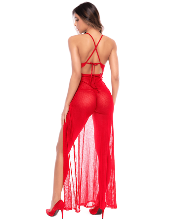 Robe longue transparente rouge en dentelle et résille avec string - Mapalé