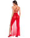 Robe longue transparente rouge en dentelle et résille avec string - Mapalé