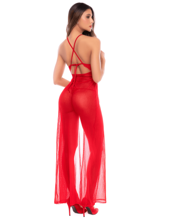 Robe longue transparente rouge en dentelle et résille avec string - Mapalé