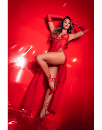 Robe longue transparente rouge en dentelle et résille avec string - Mapalé