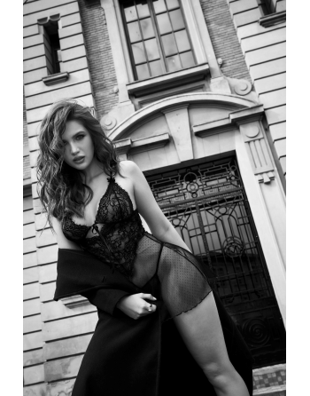 Nuisette transparente noire en résille et dentelle avec string - Mapalé