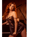 Babydoll noir et chair en satin avec broderie florale – Mapalé