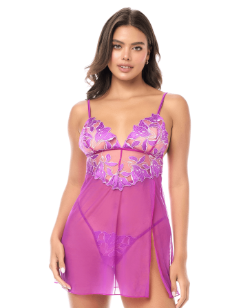 Babydoll sexy en résille brodée florale et string 