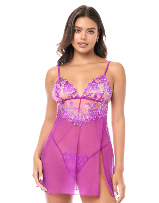 Babydoll sexy en résille brodée florale et string 