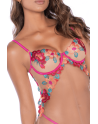 Nuisette en résille et dentelle florale rose et string assorti 