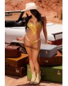 Nuisette transparente brodée jaune et string 