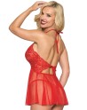 Nuisette rouge en résille et dentelle florale, string assorti 