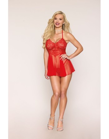 Nuisette rouge en résille et dentelle florale, string assorti 
