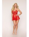 Nuisette rouge en résille et dentelle florale, string assorti 
