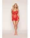 Nuisette rouge en résille et dentelle florale, string assorti 